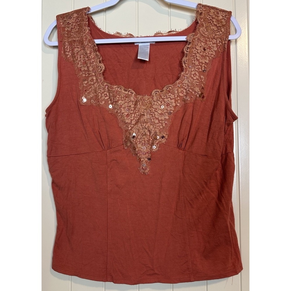 Worthington Stretch Y2K Lace Babydoll Sleeveless Top Sz XL orange sequin bead